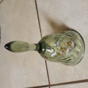 Vintage Hand Painted Artist Signed Green Glass Bell 5in